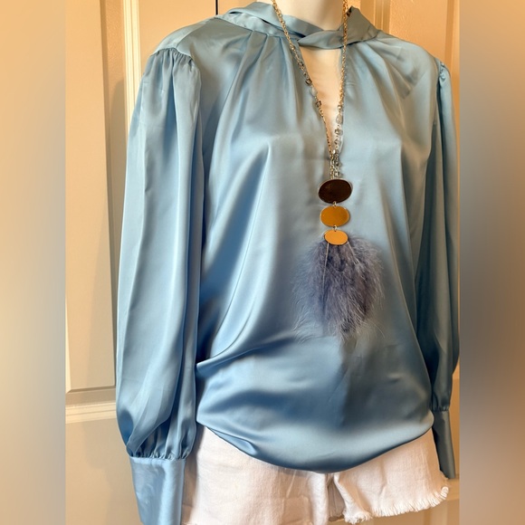 Zara Light Blue Satin Long Sleeve Blouse - Picture 3 of 9